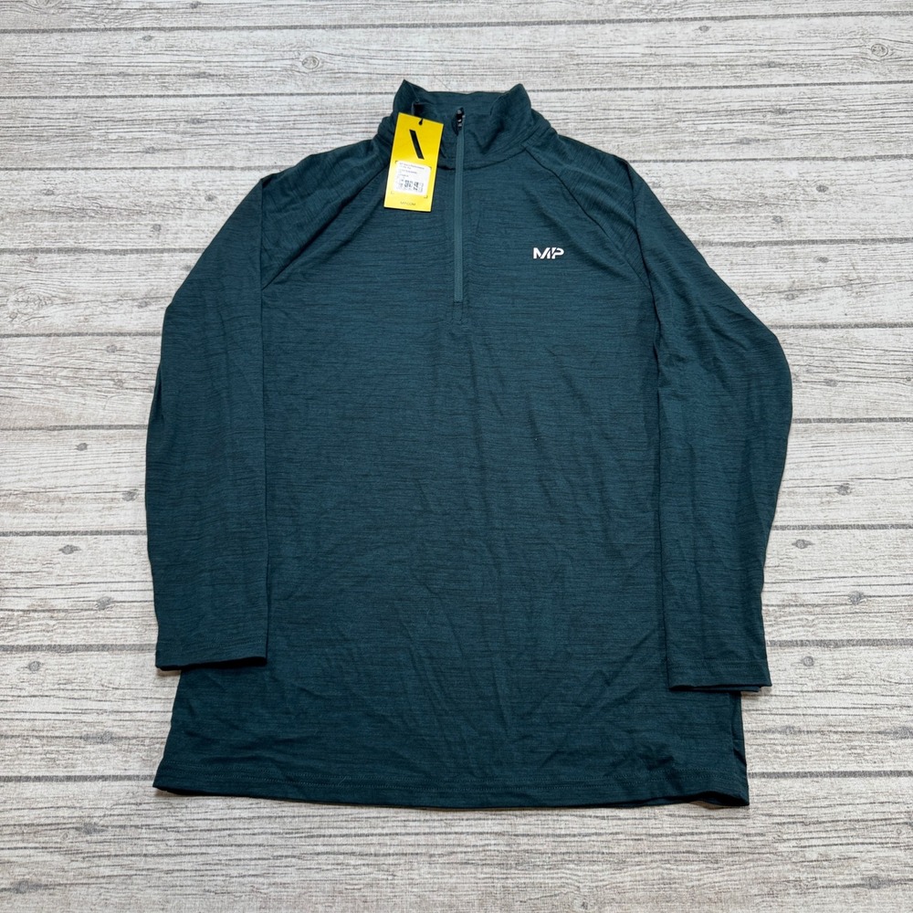 NEW Myprotein MP Sweater Men's XS Green Marled Long Sleeve Quarter Zip Pullover